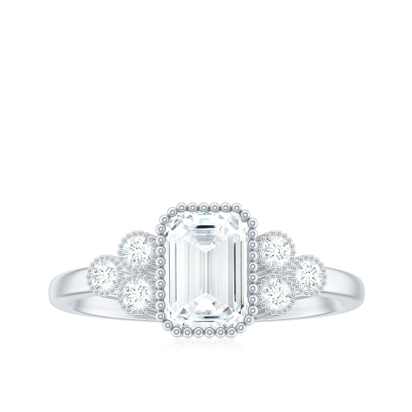 6x8mm Emerald Cut Moissanite Classic Engagement Ring with Beaded Details