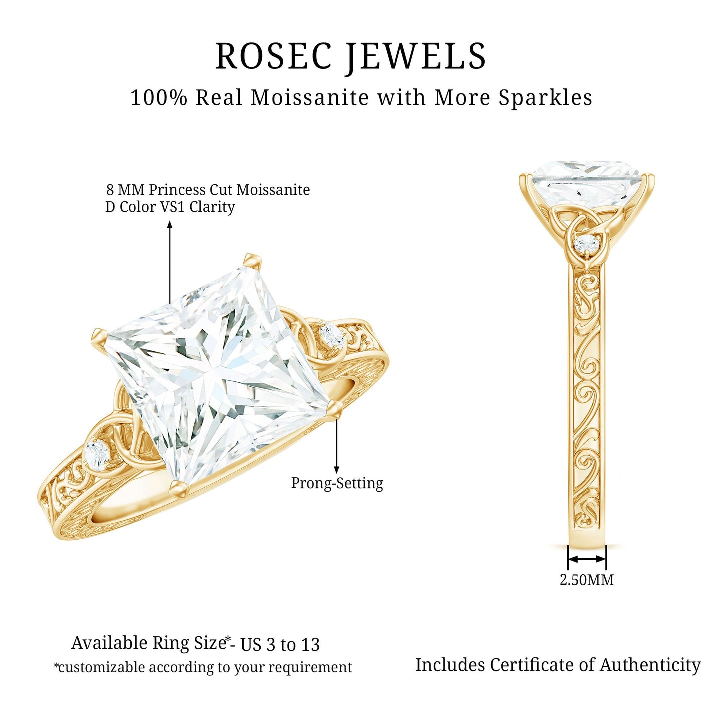 Antique Style Princess Cut Moissanite Solitaire Celtic Knot Ring in Gold