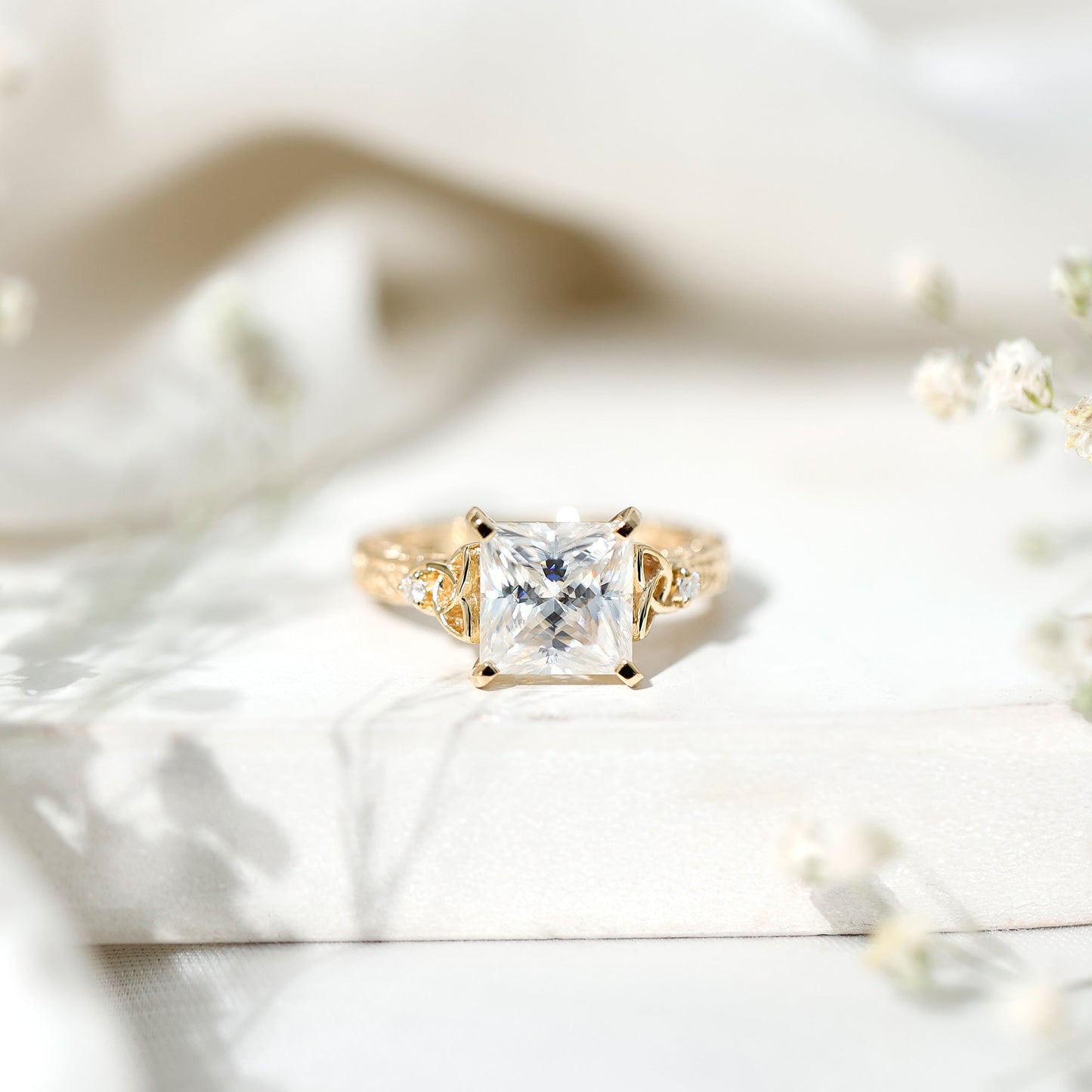 Antique Style Princess Cut Moissanite Solitaire Celtic Knot Ring in Gold