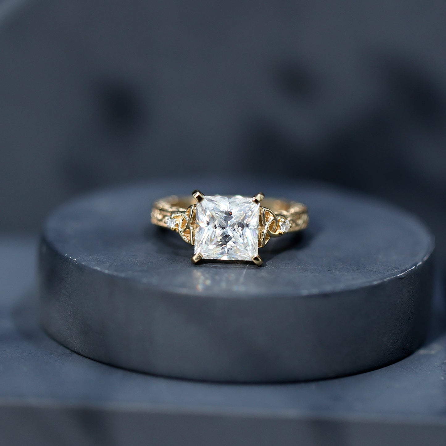 Antique Style Princess Cut Moissanite Solitaire Celtic Knot Ring in Gold