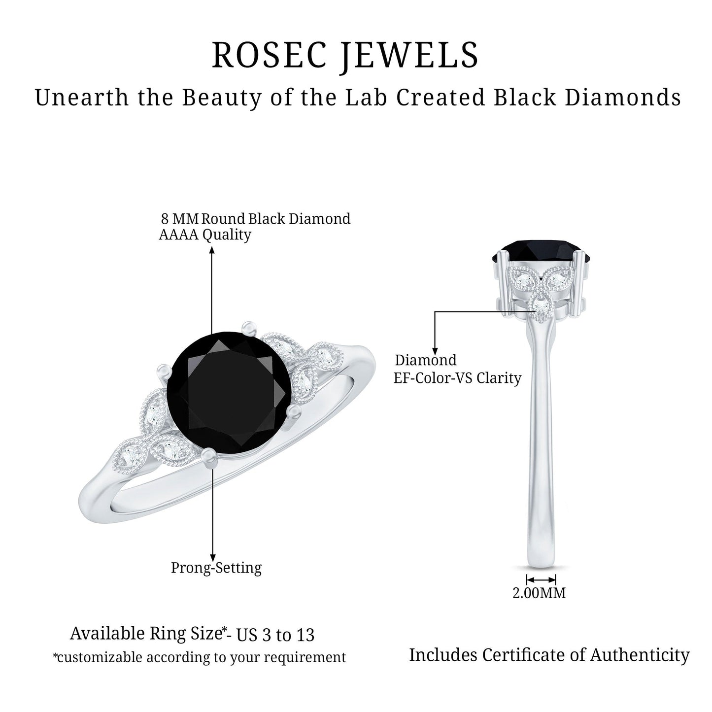 Solitaire Lab Grown Black Diamond Engagement Ring with Accent