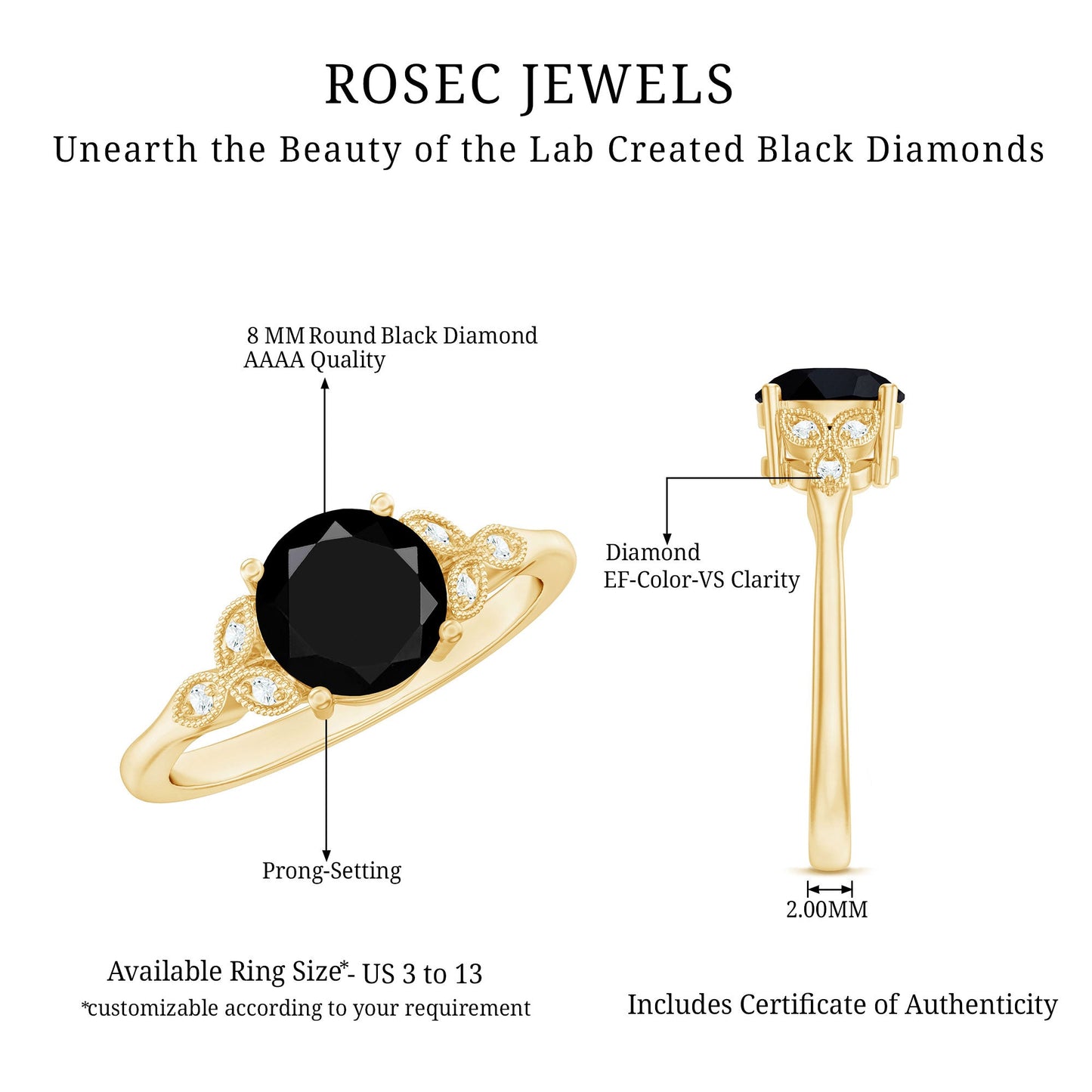 Solitaire Lab Grown Black Diamond Engagement Ring with Accent