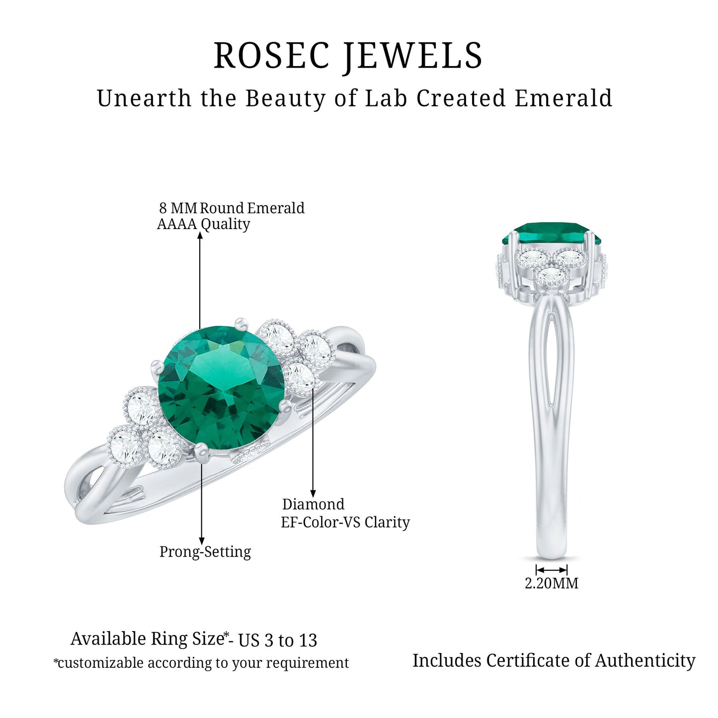 Certified Lab Grown Emerald Trio Engagement Ring with Diamond
