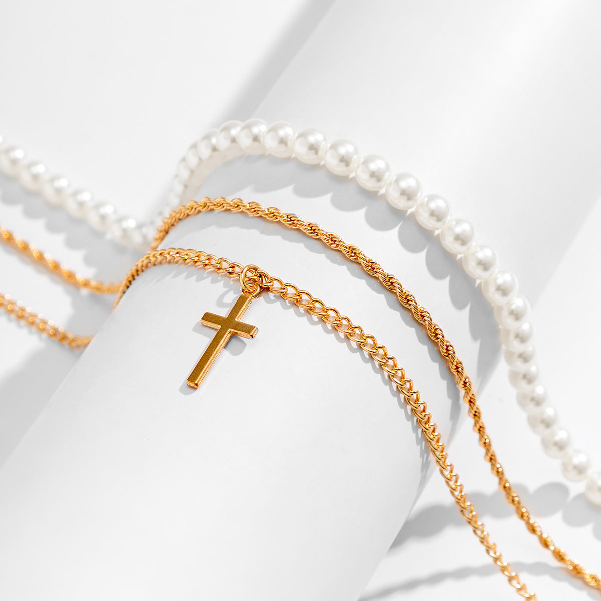 Classic Simple Hip-Hop Style Pearl Cross Three-Layer Stacked Versatile Necklace