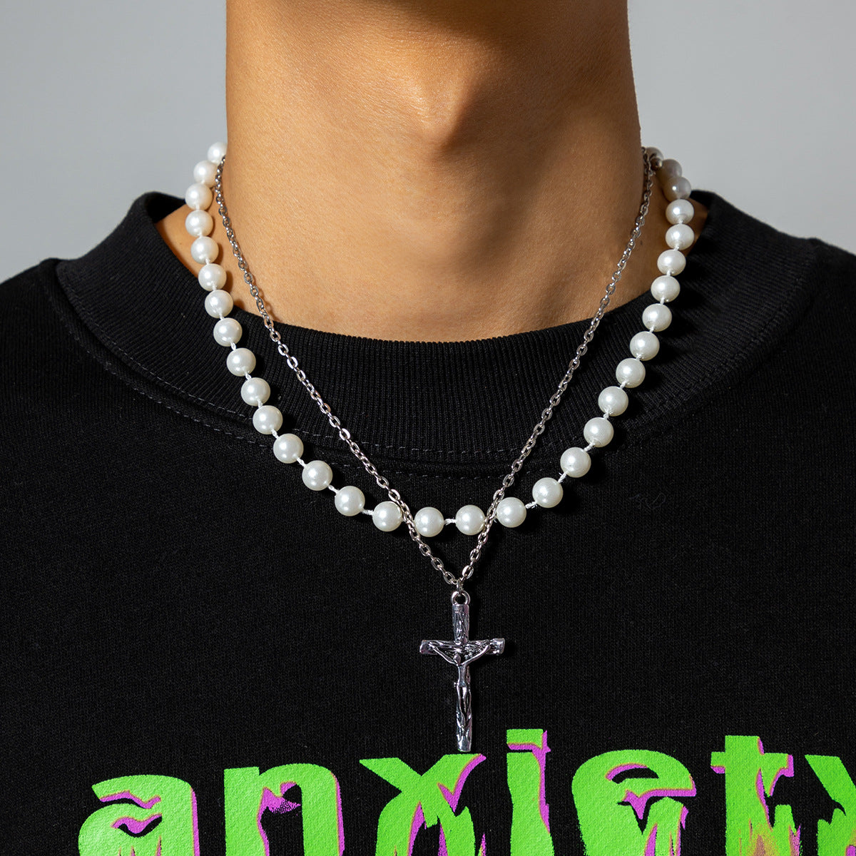 Classic simple stacked cross design with pearl all-match necklace