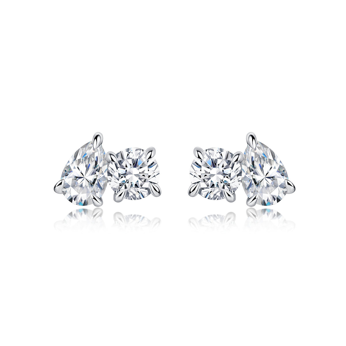 Colorless Moissanite Two Stone  With Round And Pear Shape Stones In 925 Sterling Silver Stud Earrings