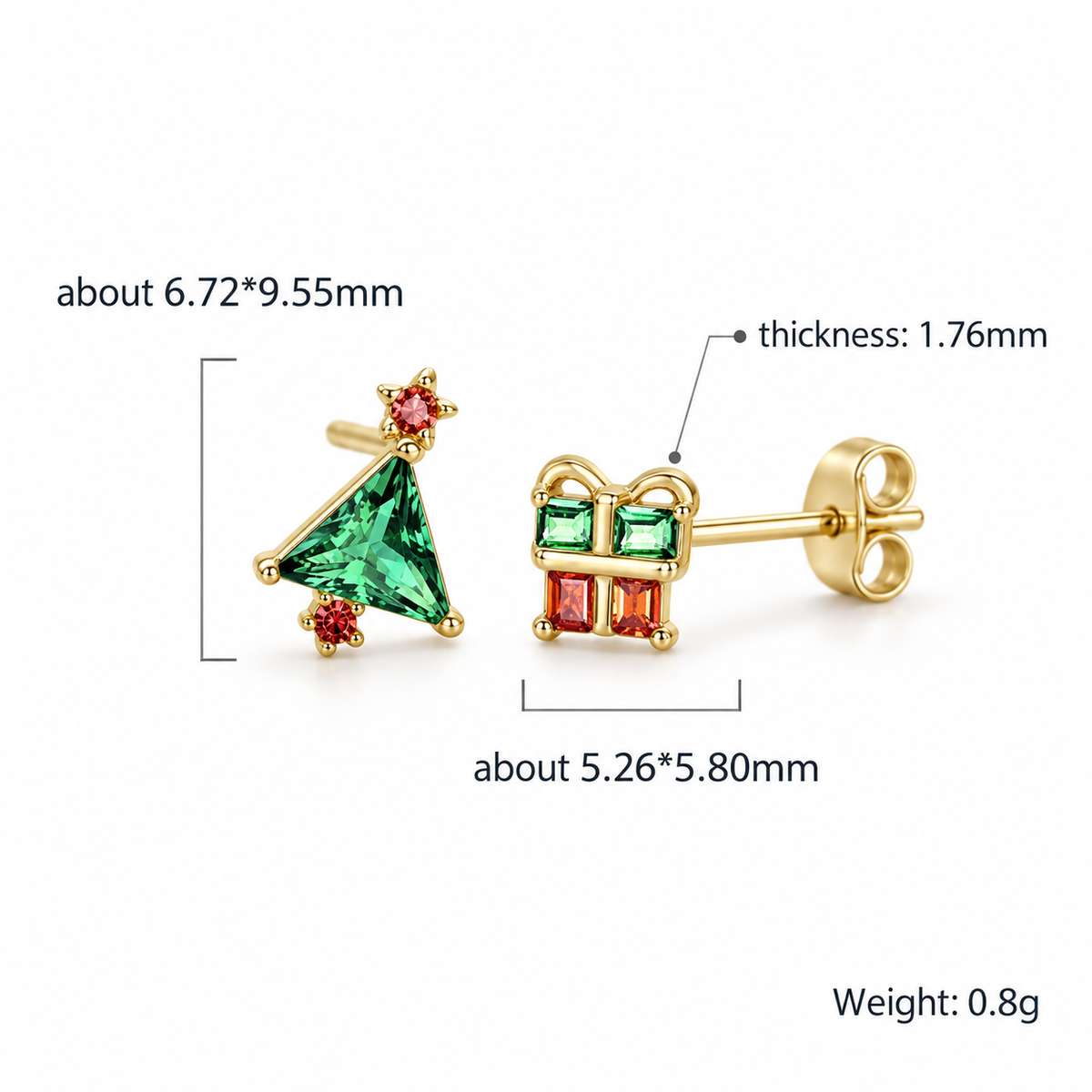 Cubic Zirconia Christmas Tree And Gift Box Asymmetric 925 Sterling Silver Stud Earrings With Green Triangle And Red Accent Stones For Women Holiday Party Gift