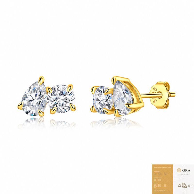 Colorless Moissanite Two Stone  With Round And Pear Shape Stones In 925 Sterling Silver Stud Earrings