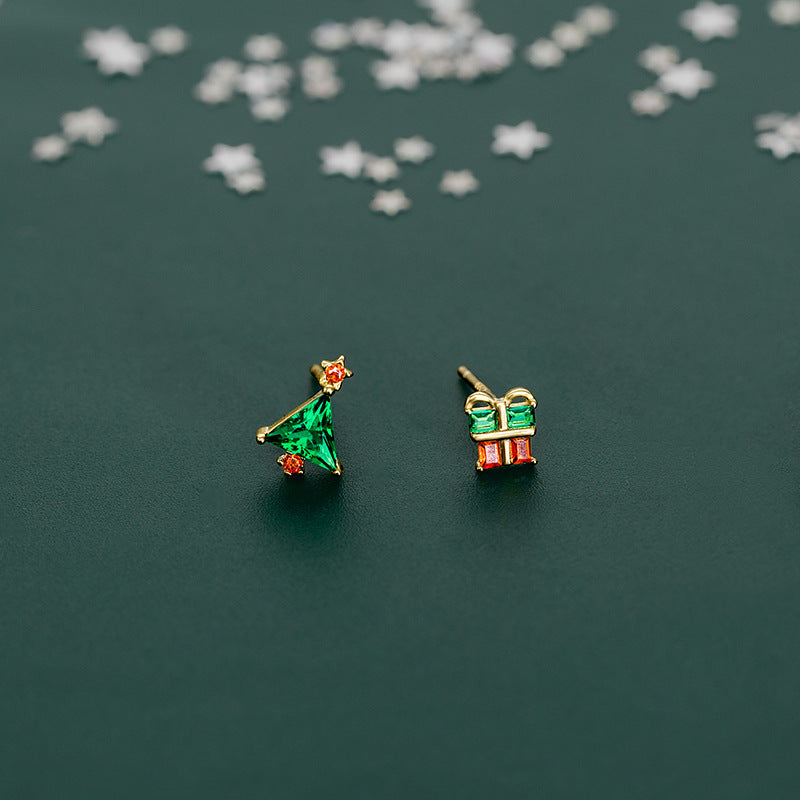 Cubic Zirconia Christmas Tree And Gift Box Asymmetric 925 Sterling Silver Stud Earrings With Green Triangle And Red Accent Stones For Women Holiday Party Gift