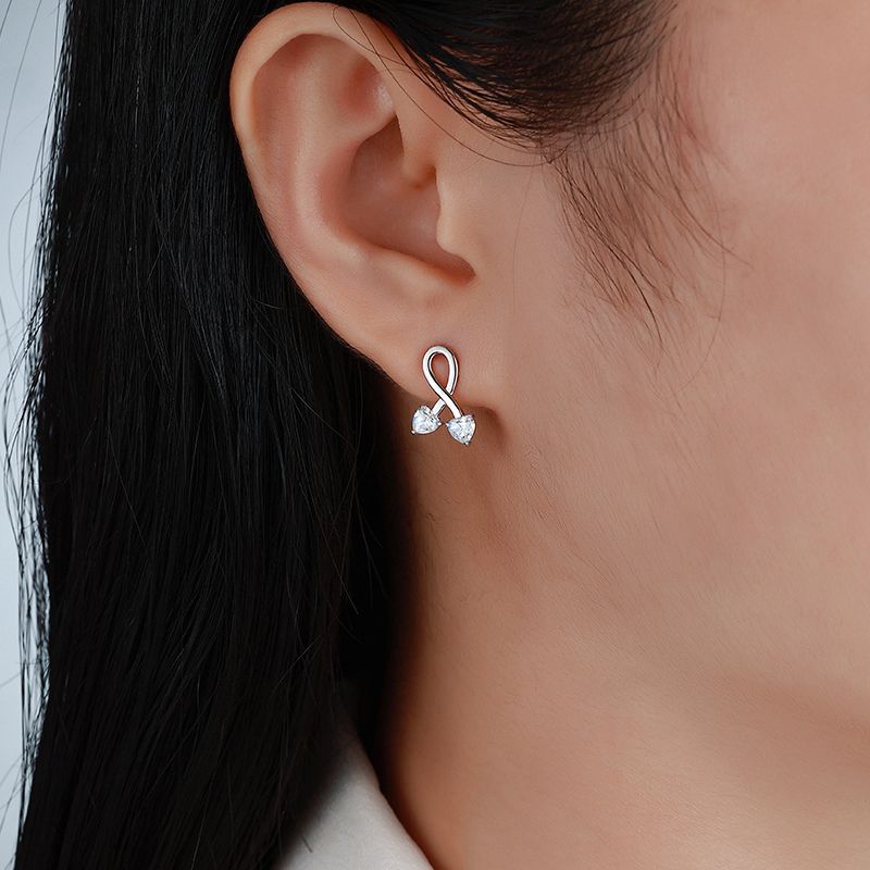 Infinity Loop Double Heart Moissanite In 925 Sterling Silver Stud Earrings