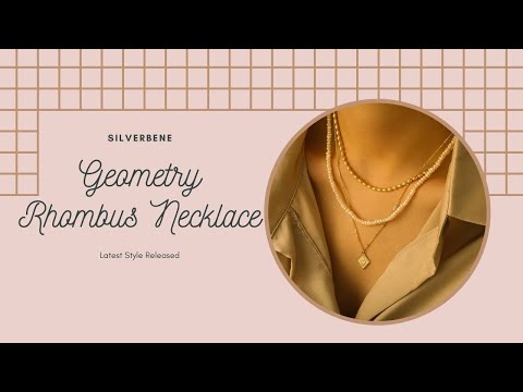 Gold necklace on a mannequin with 'SILVERBENE' branding and text about the 'Geometry Rhombus Necklace'.