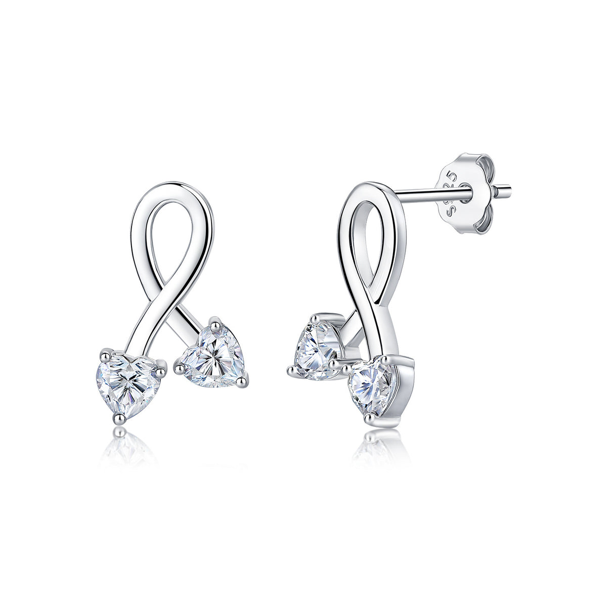 Infinity Loop Double Heart Moissanite In 925 Sterling Silver Stud Earrings