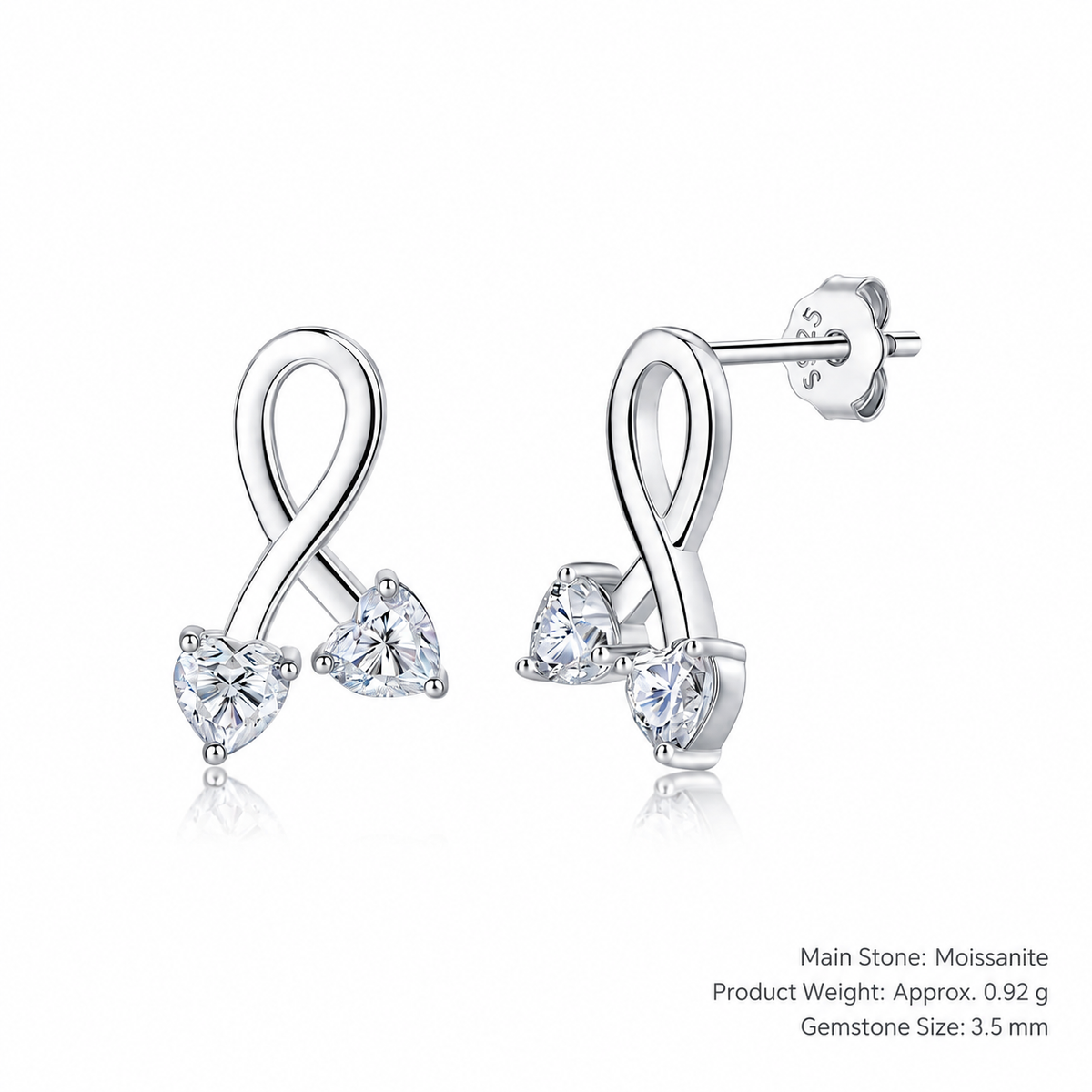 Infinity Loop Double Heart Moissanite In 925 Sterling Silver Stud Earrings