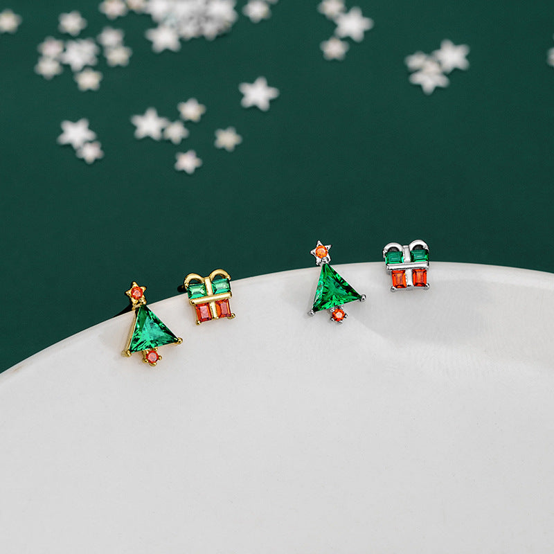 Cubic Zirconia Christmas Tree And Gift Box Asymmetric 925 Sterling Silver Stud Earrings With Green Triangle And Red Accent Stones For Women Holiday Party Gift