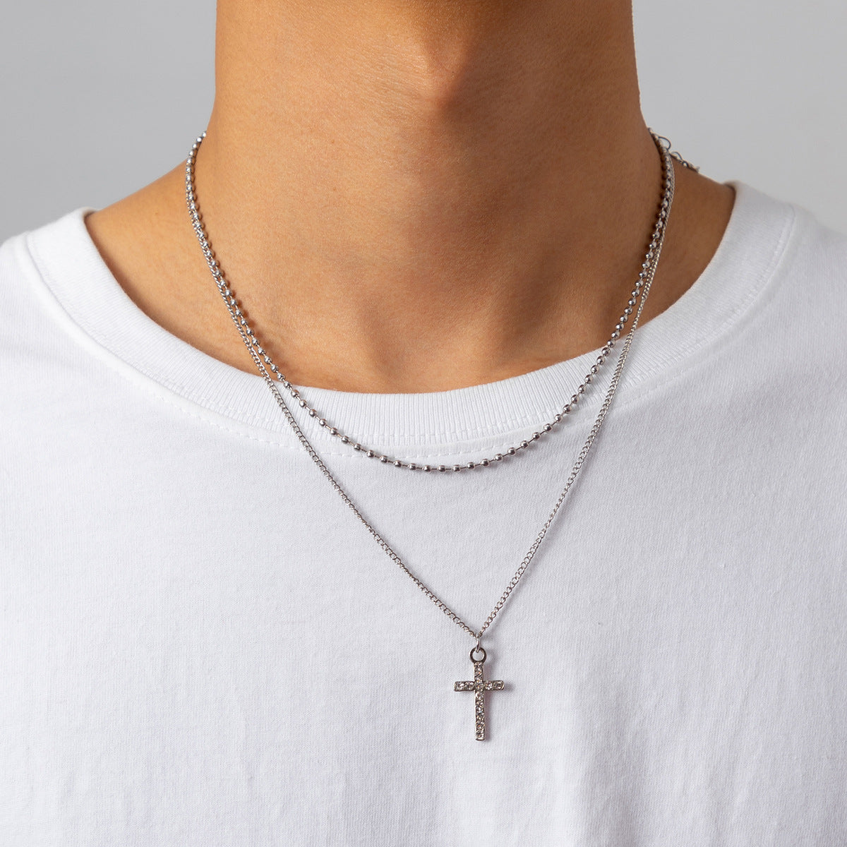 Retro light luxury double layered cross geometric diamond all-match pendant necklace