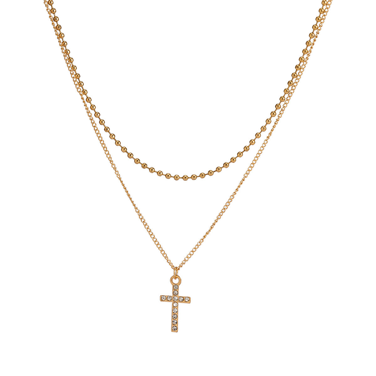 Retro light luxury double layered cross geometric diamond all-match pendant necklace