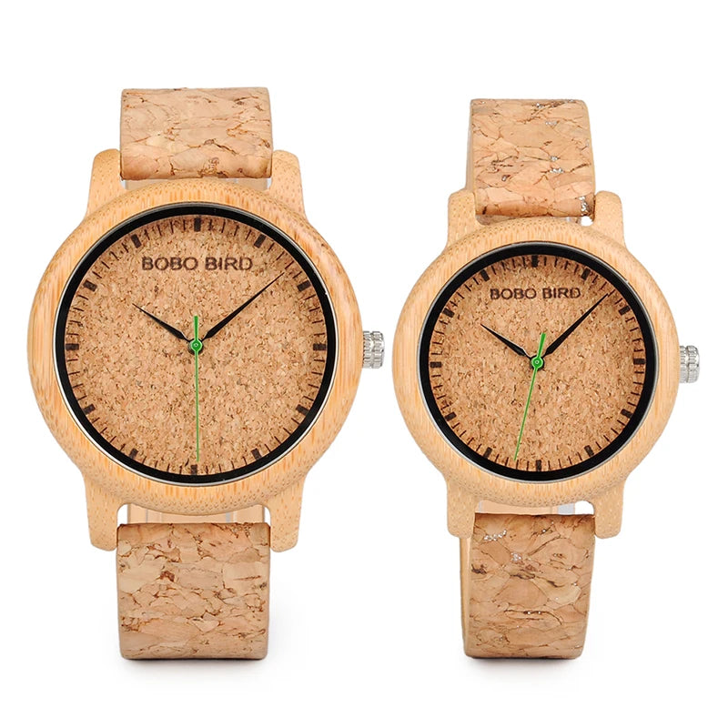 Two wooden watches with cork straps on a white background, branded 'Bobo Bird'.