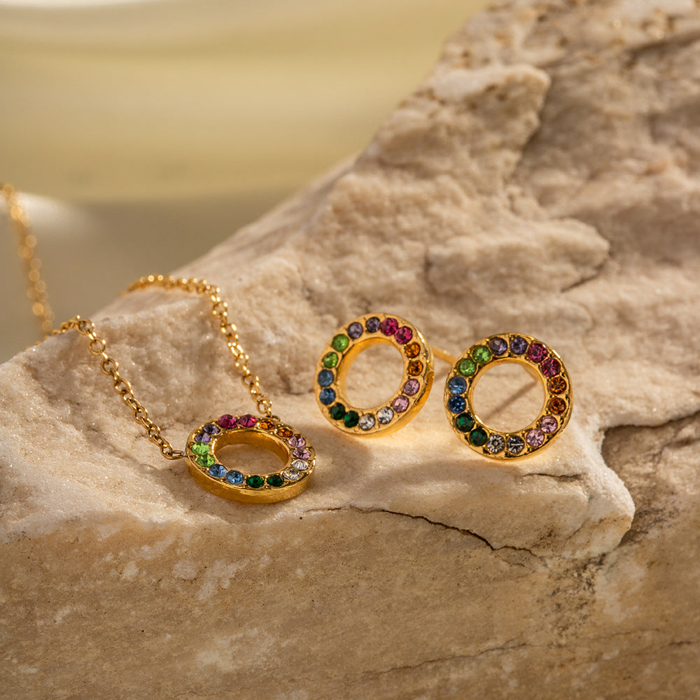 18k Gold Noble and Exquisitely Inlaid Colorful Zircon Circle Design Light Luxury Wind Earrings Necklace Set