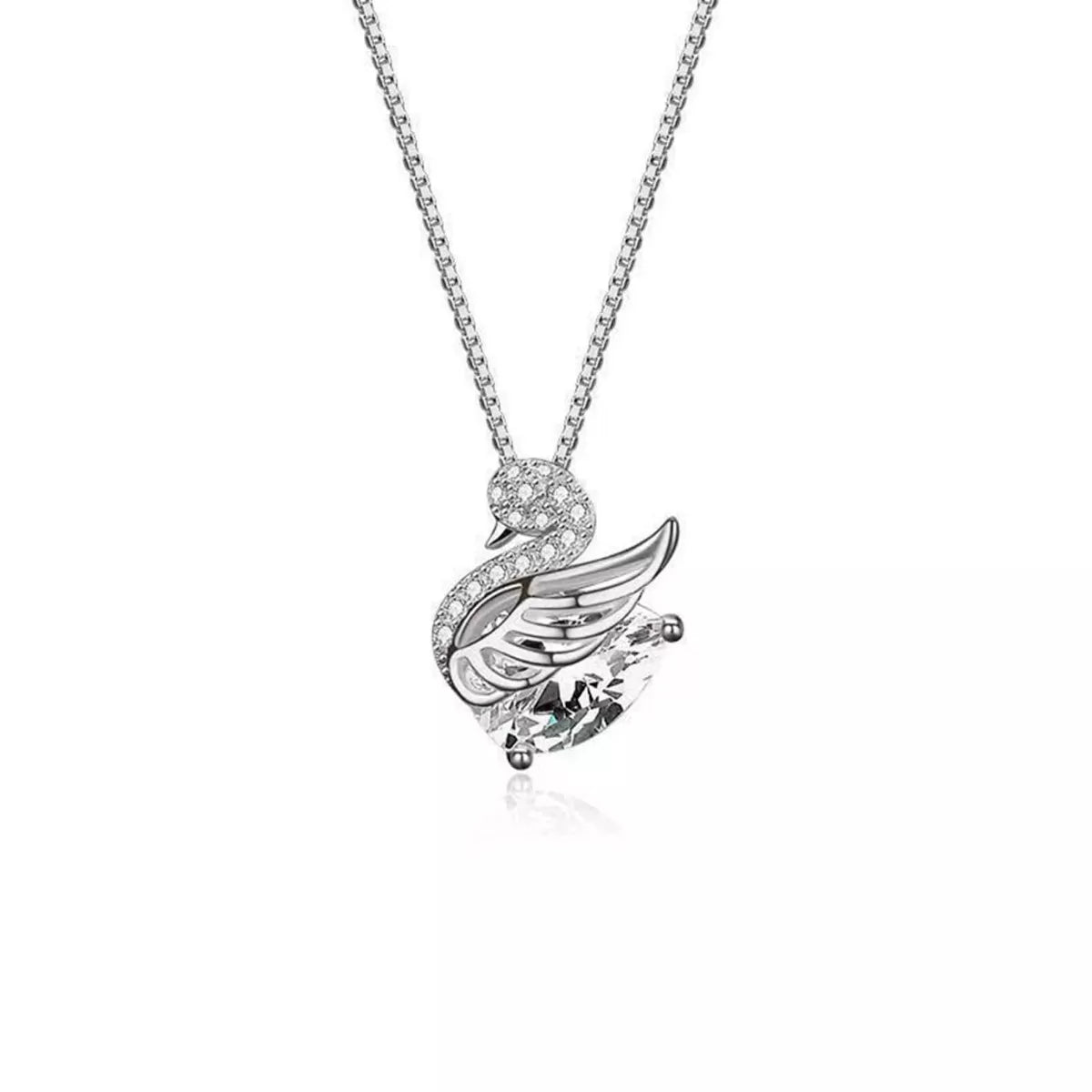 Silver necklace with a winged heart pendant on a white background