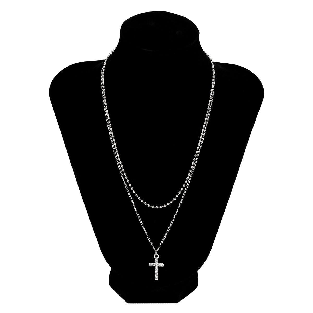 Retro light luxury double layered cross geometric diamond all-match pendant necklace