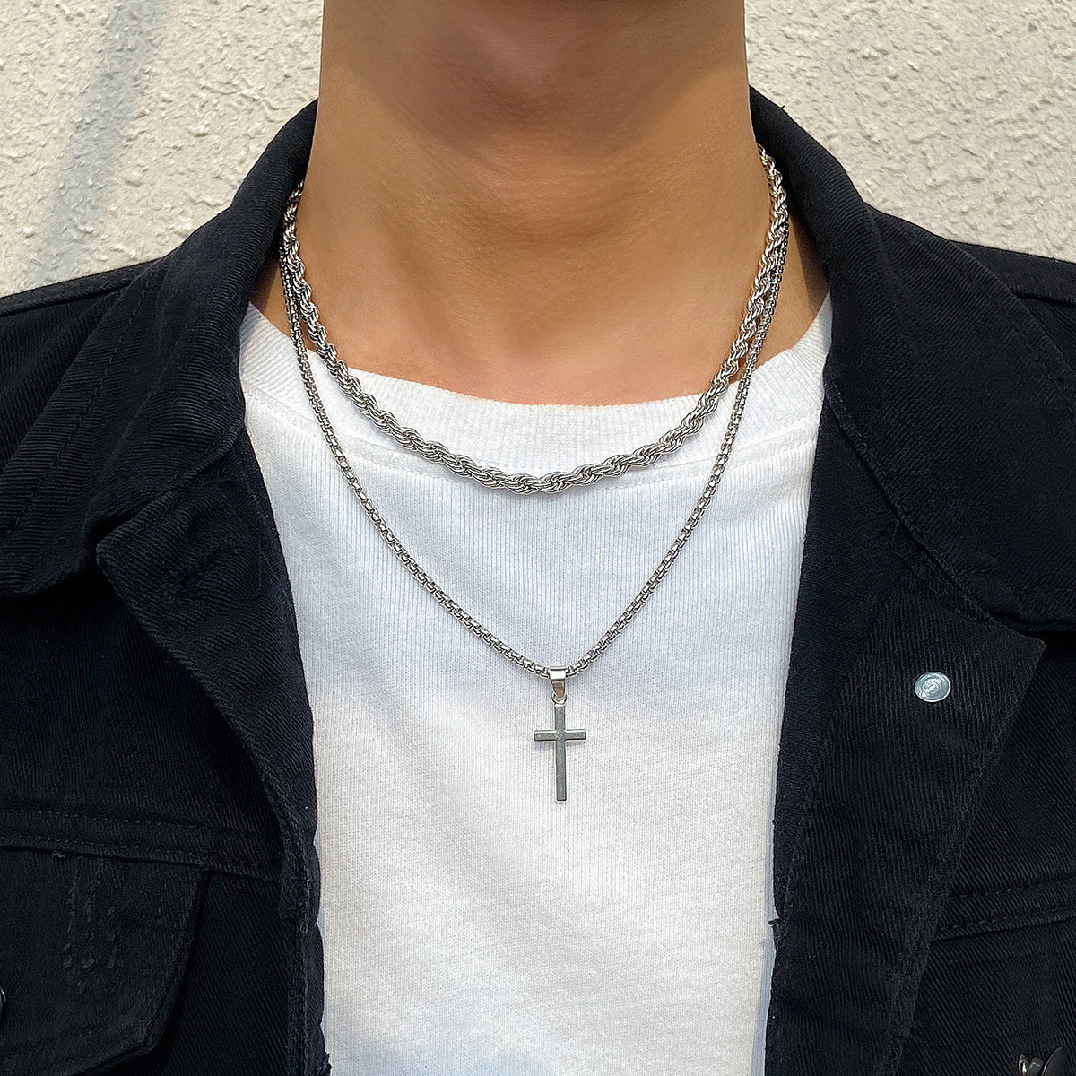 Simple fashion double stacked cross design pendant necklace