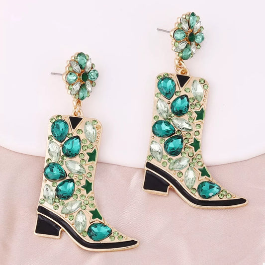 Western Boot Dangle Earrings with Rhinestones
