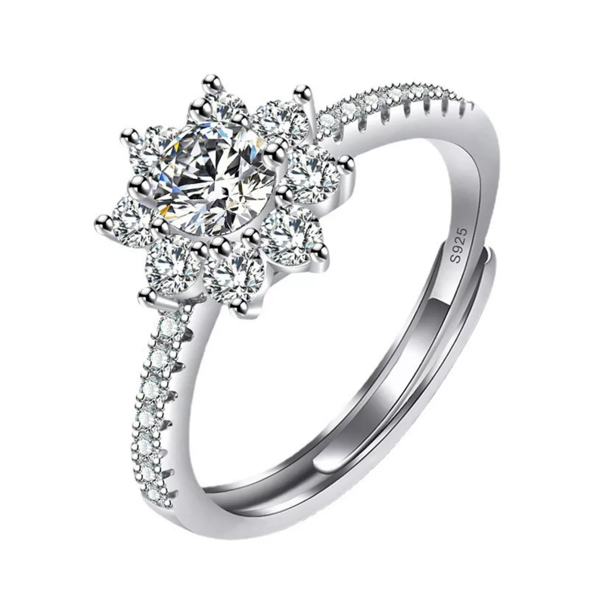 Silver ring with a diamond on a white background
