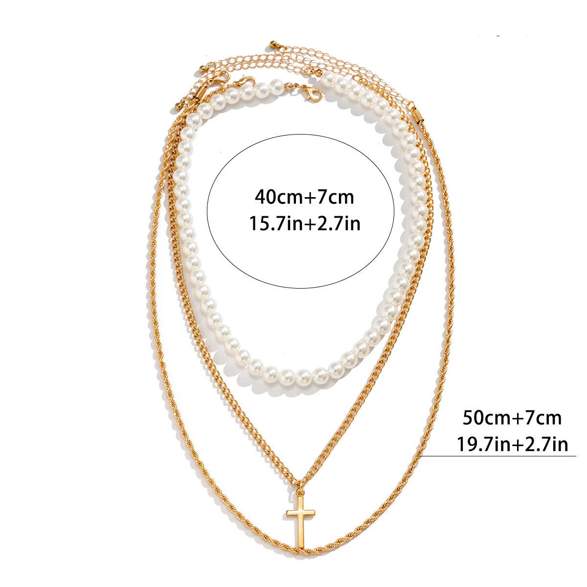 Classic Simple Hip-Hop Style Pearl Cross Three-Layer Stacked Versatile Necklace