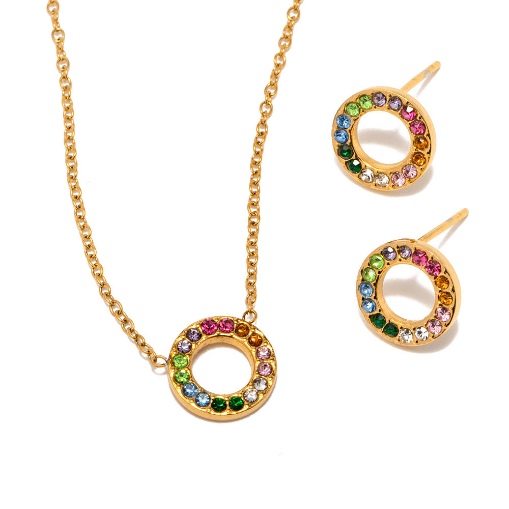 18k Gold Noble and Exquisitely Inlaid Colorful Zircon Circle Design Light Luxury Wind Earrings Necklace Set