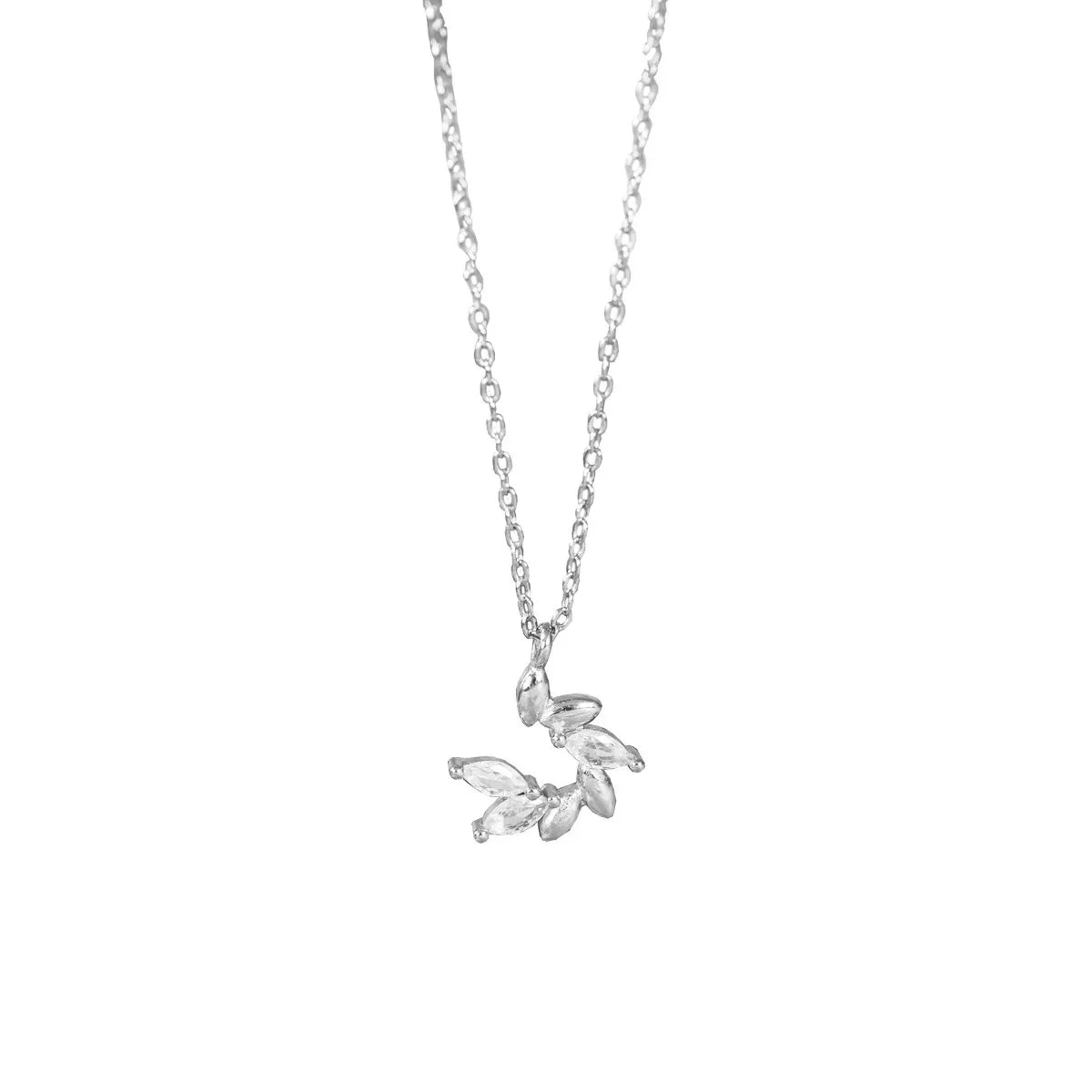 Silver necklace with a leaf-shaped pendant on a white background