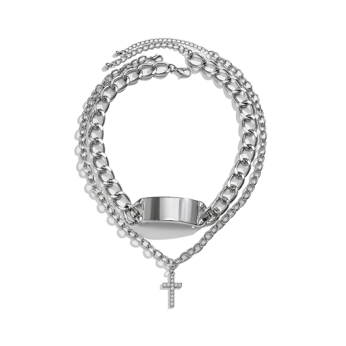 Fashionable hip-hop style diamond-encrusted cross double-layer stacking design versatile pendant necklace