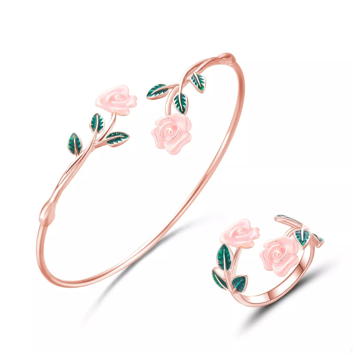 Rose gold bracelet and ring set with pink roses on a white background