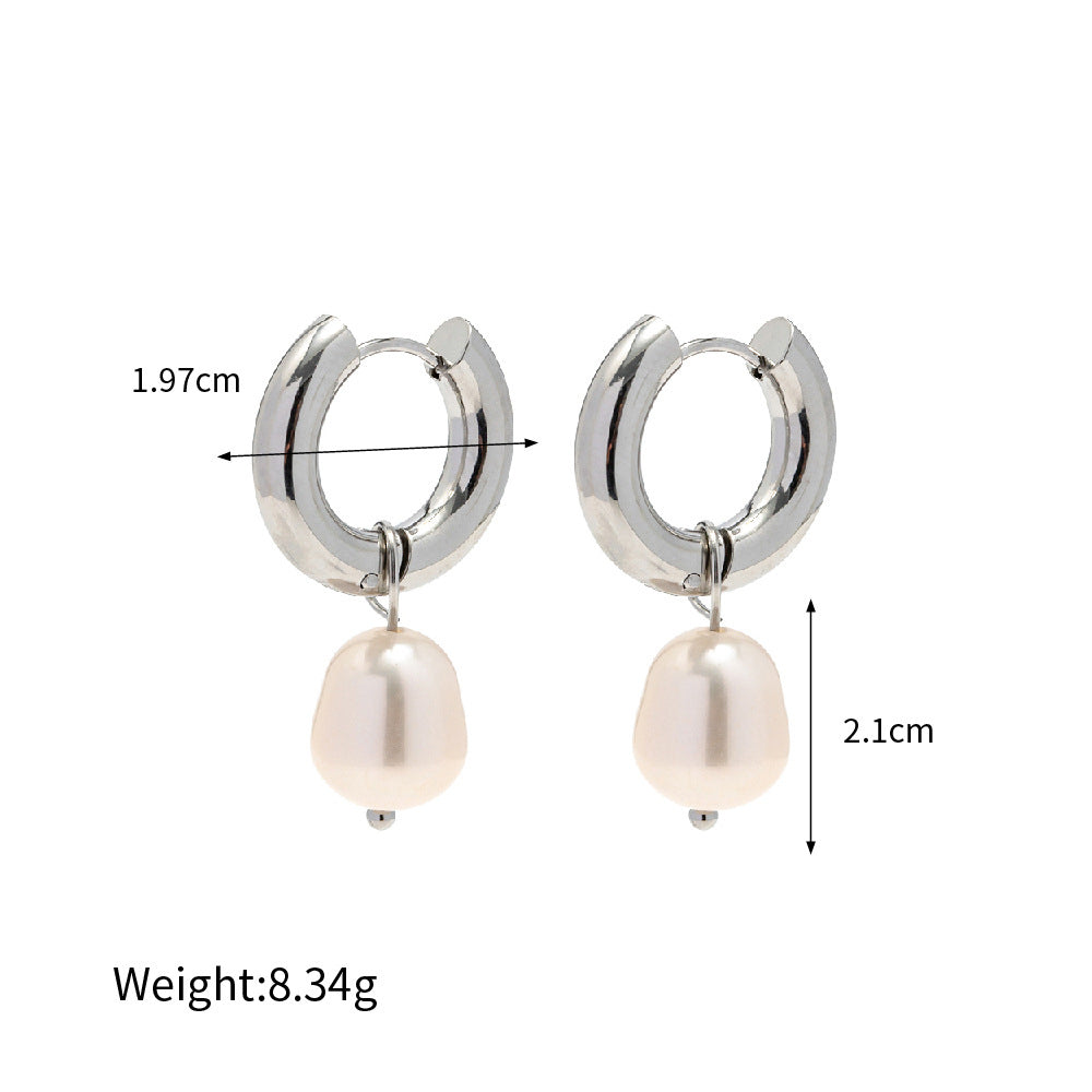 European and American fashion net red steel color INS style stainless steel earrings natural freshwater pearl pendant earrings women's earrings