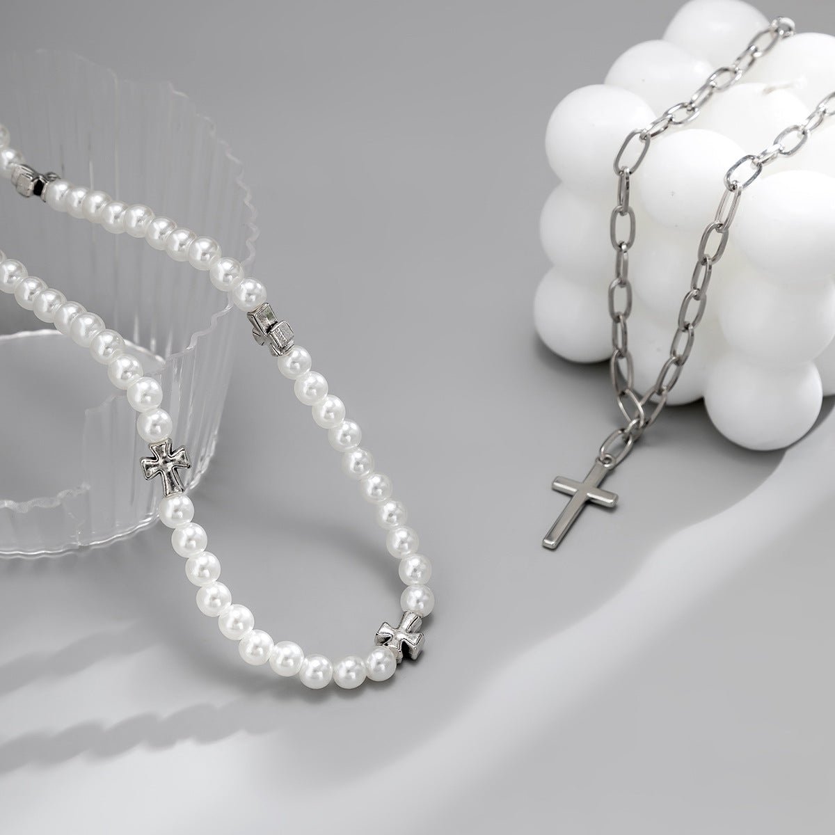 Retro Simple Pearl Stitching Cross Design Hip Hop Necklace