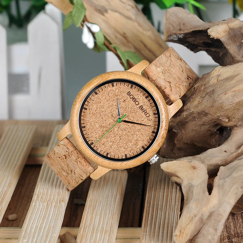 Wooden watch with cork strap on a natural background