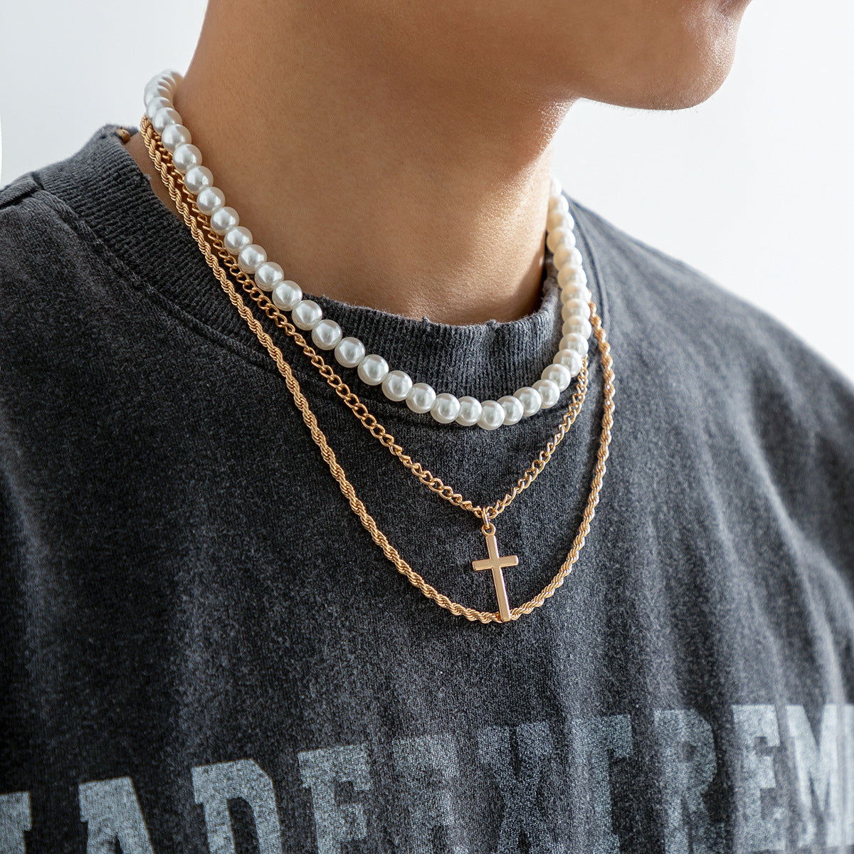 Classic Simple Hip-Hop Style Pearl Cross Three-Layer Stacked Versatile Necklace