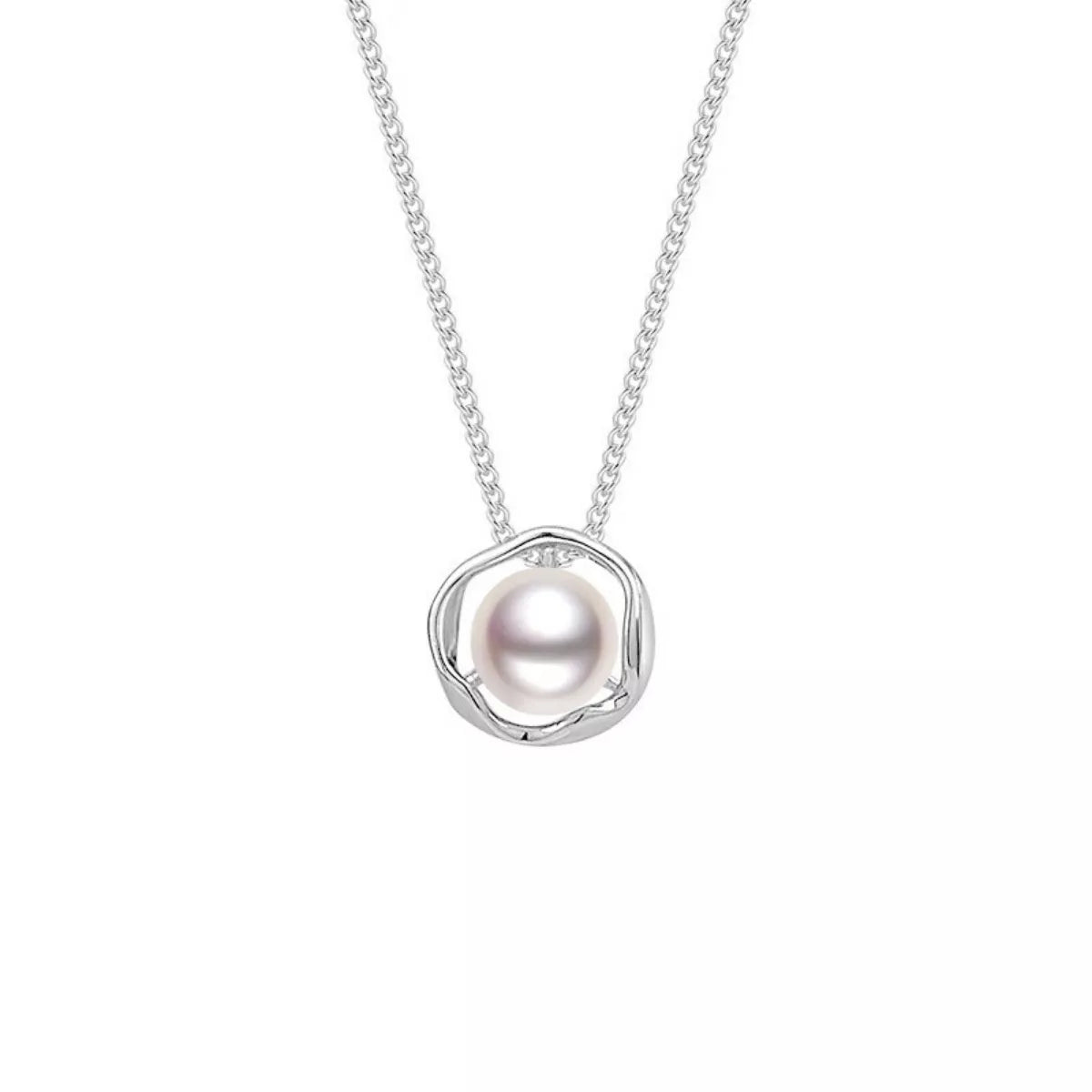 Pearl necklace with silver chain on a white background