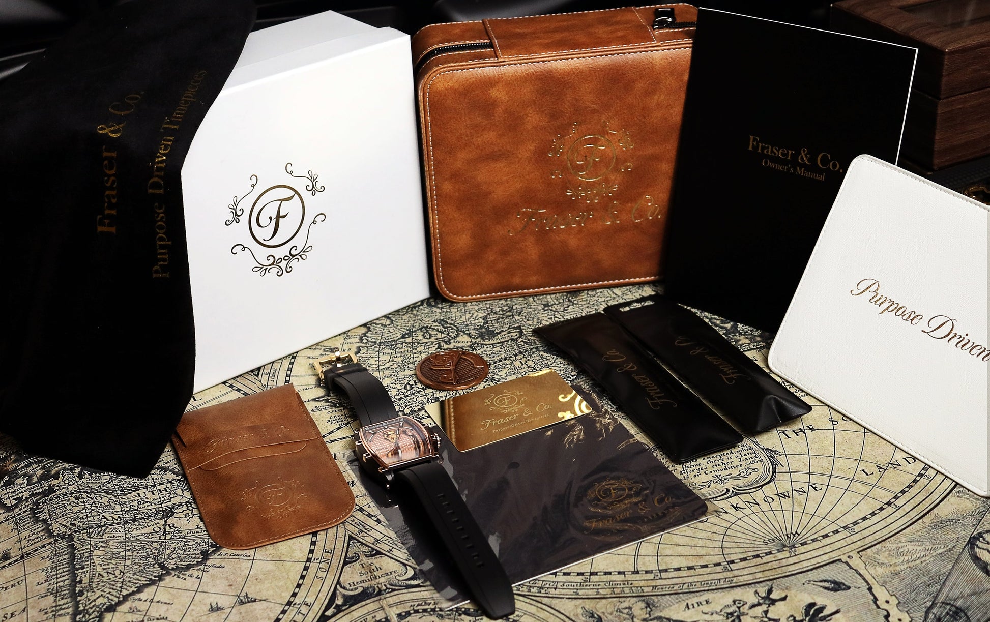 Collection of leather products including wallets and a watch on a decorative surface with 'Fisher & Co' branding.